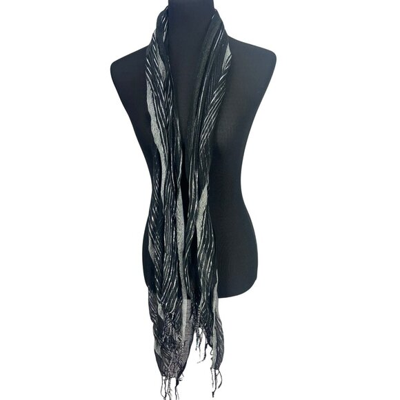 Lightweight‎ Black & Silver Striped Sheer Scarf With Fringe Edge - Picture 1 of 5